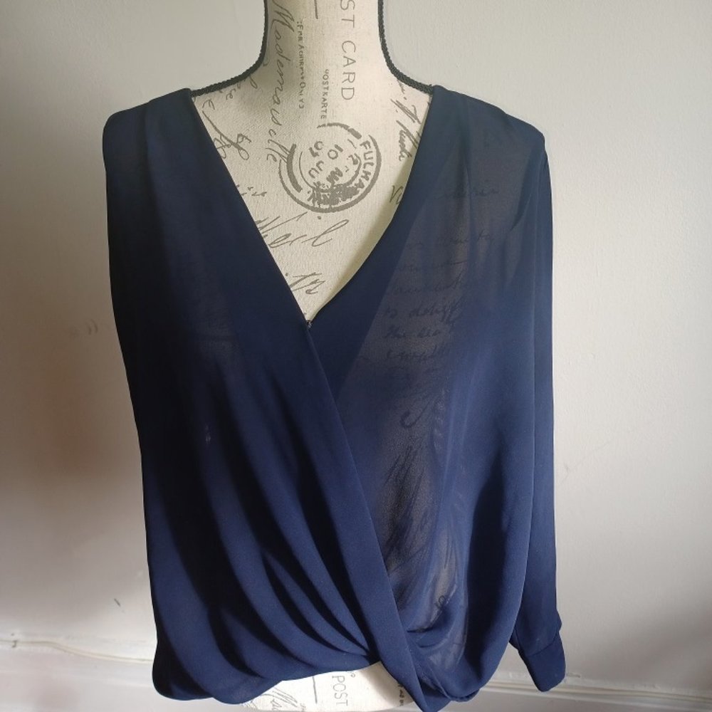 Navy Blue V Neck Snap Front Top Large